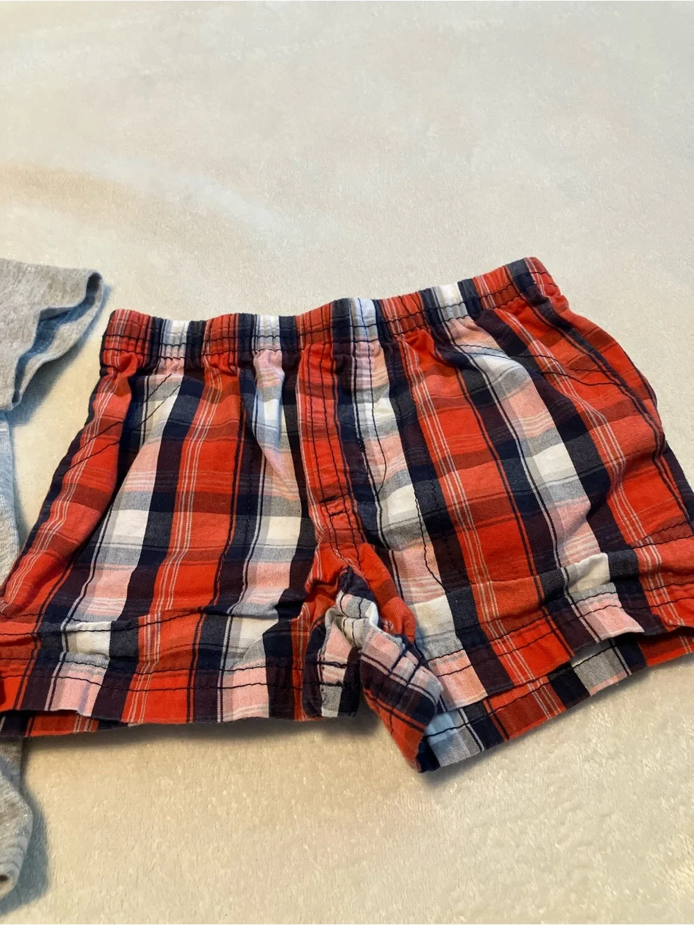 Light Gray “Little Brother” Shirt and Red Plaid Shorts